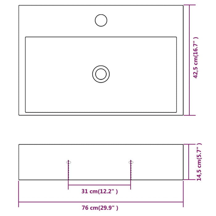 Раковина с отверстием под смеситель керамическая белая 76x42.5x14.5 см