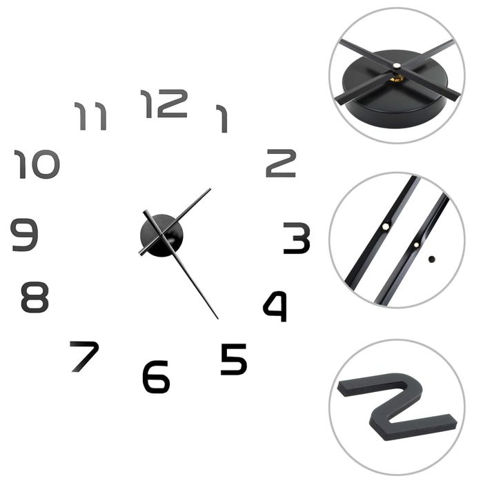 3D Wall Clock Modern Design 100 cm XXL Black