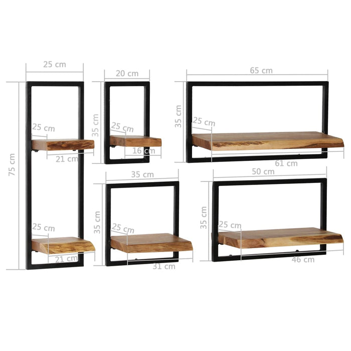 Wall Shelf Set 5 Pieces Solid Acacia Wood and Steel