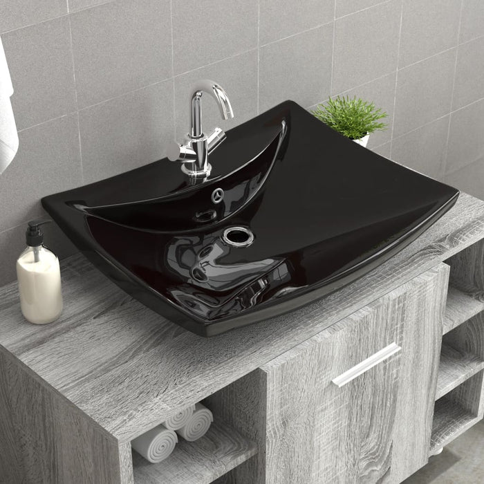 Black Luxury Ceramic Basin Rectangular with Overflow & Faucet Hole