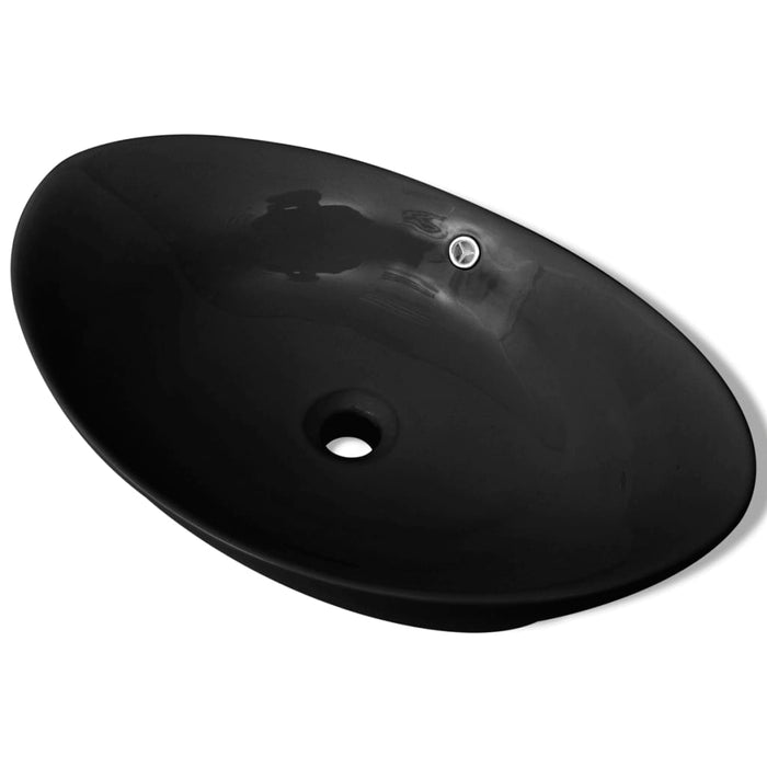 Black Luxury Ceramic Basin Oval with Overflow 59 x 38,5 cm