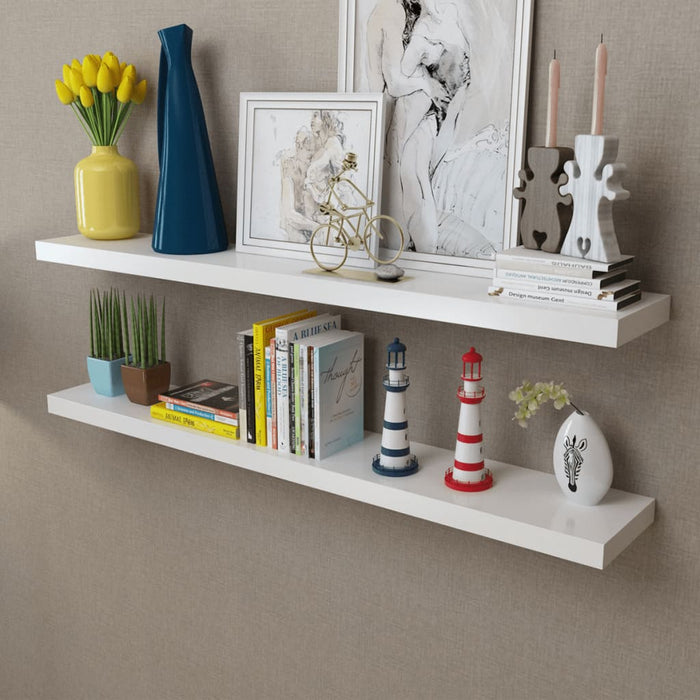 2 White MDF Floating Wall Display Shelves Book/DVD Storage