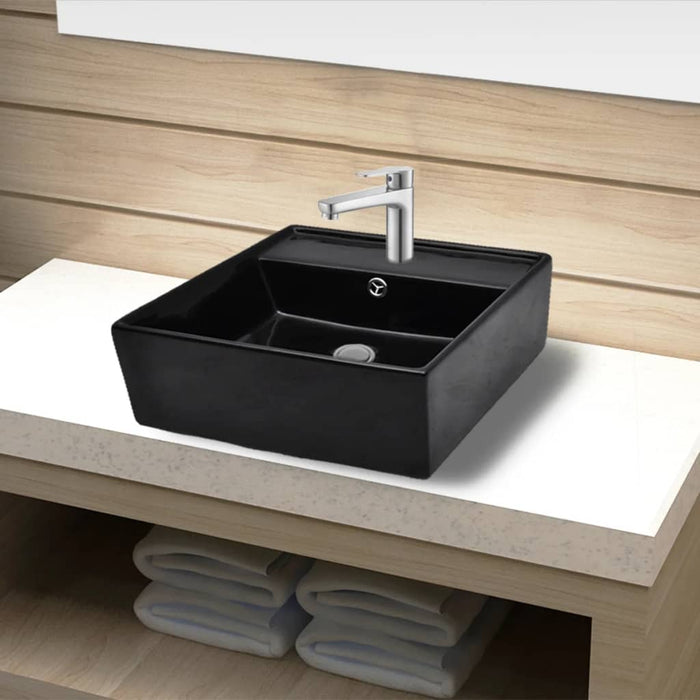 Ceramic Bathroom Sink Basin Faucet /Overflow Hole Black Square