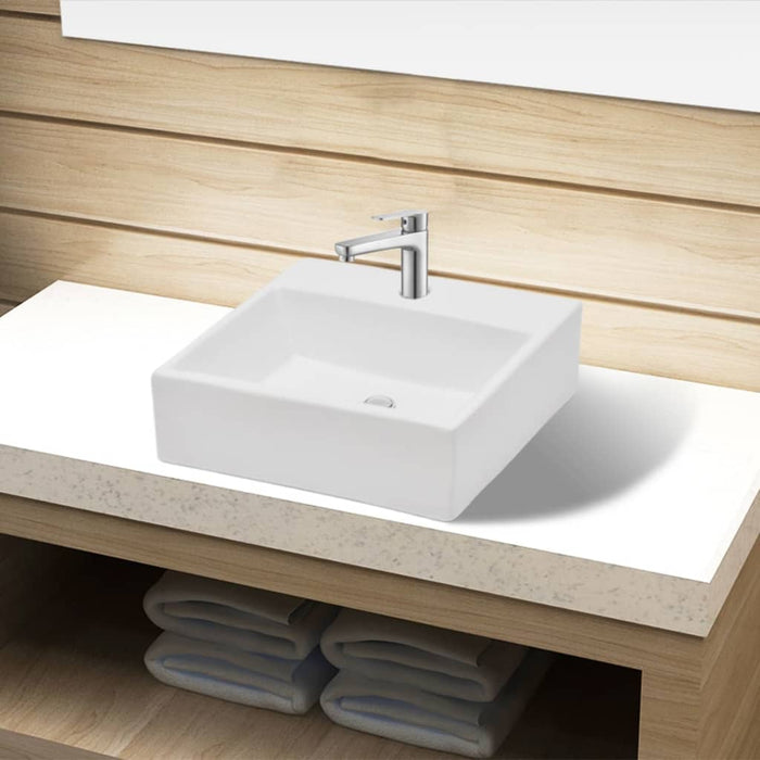 Ceramic Bathroom Sink Basin with Faucet Hole White Square