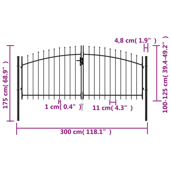 Fence Gate Double Door with Spike Top Steel 3x1.25 m Black