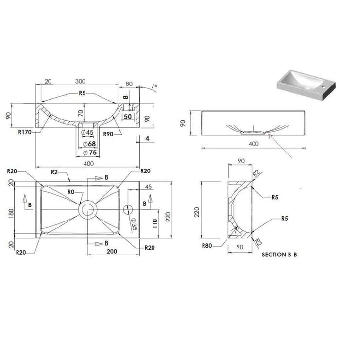 Раковина 400x220x90 мм SMC белая