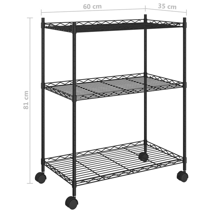 3-етажен стелаж за съхранение с колела 60x35x81 см черен 150 кг