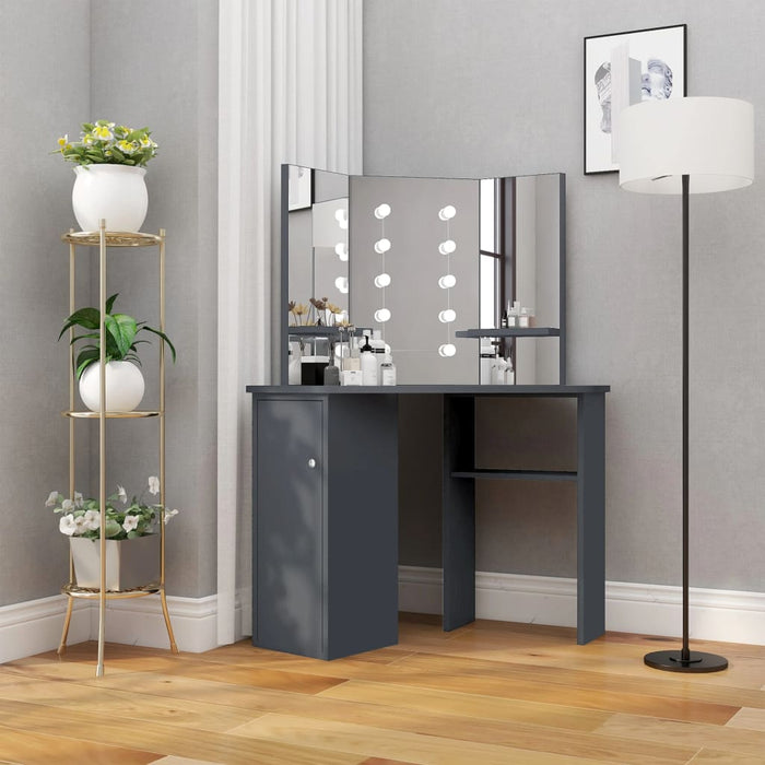 Corner Dressing Table with LED Grey 111x54x141.5 cm