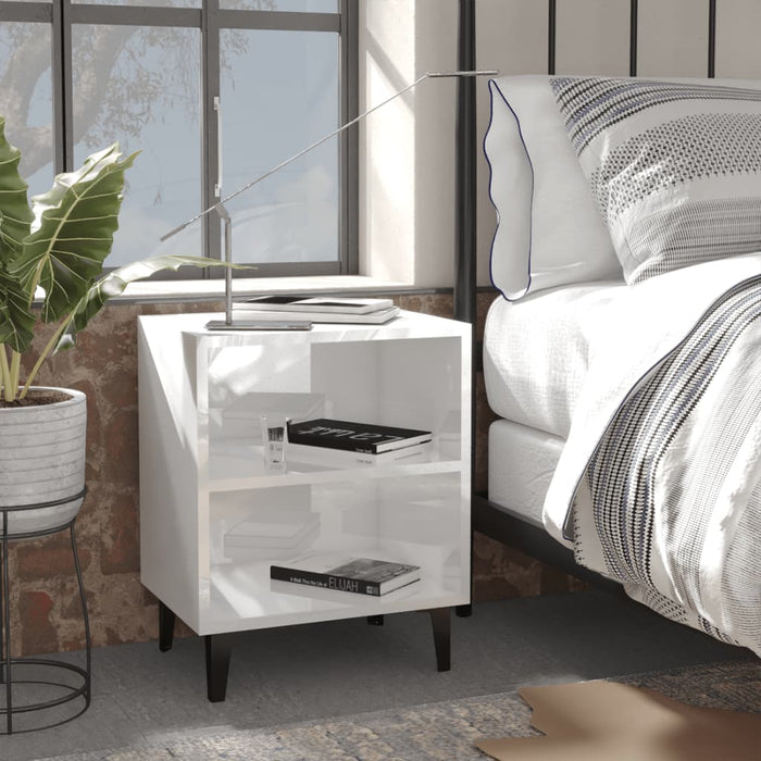 Bed Cabinet with Metal Legs High Gloss White 40x30x50 cm