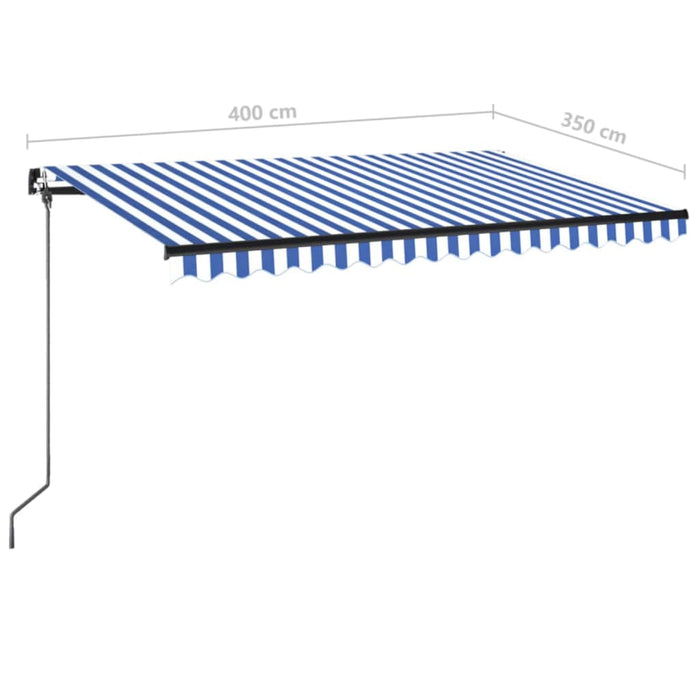 Ръчно прибиращ се сенник с LED 400x350 см синьо и бяло