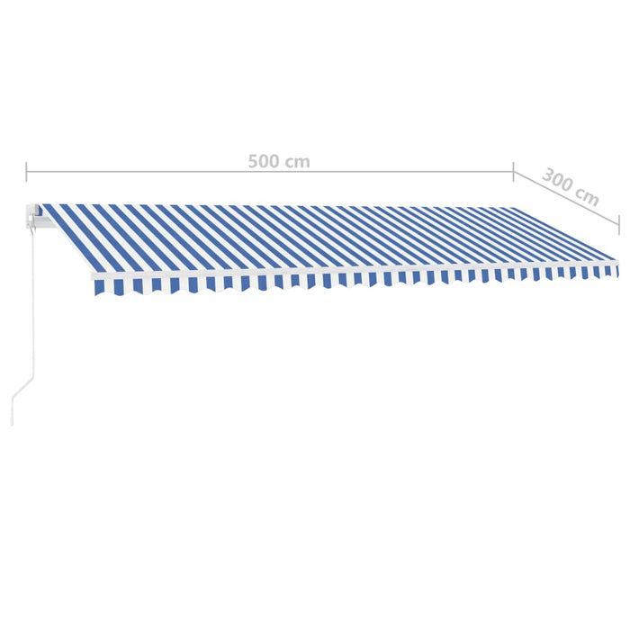 Ръчно прибиращ се сенник с LED 500x300 см синьо и бяло