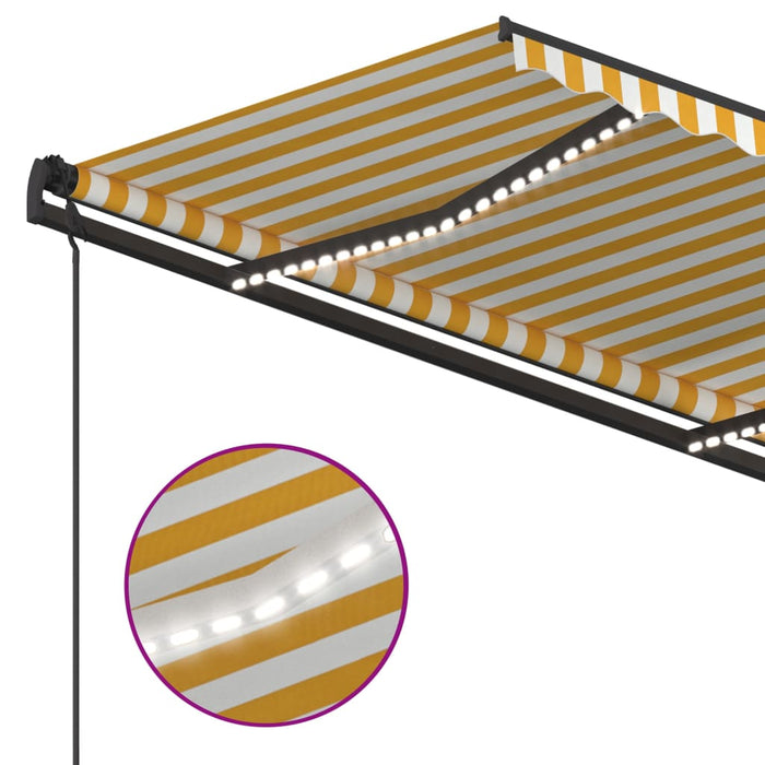 Ръчно прибиращ се сенник с LED 5x3,5 м Жълто и Бяло