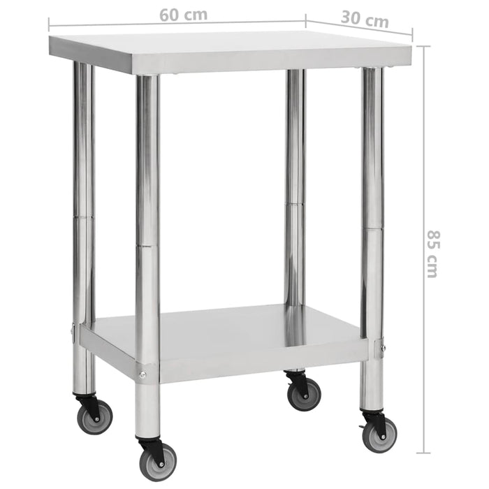 Kitchen Work Table with Wheels 60x30x85 cm Stainless Steel