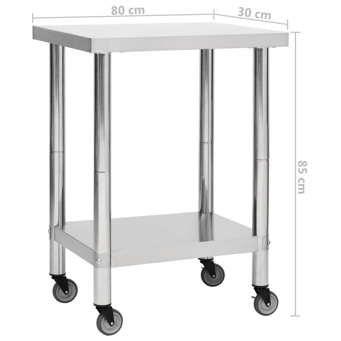 Kitchen Work Table with Wheels 80x30x85 cm Stainless Steel