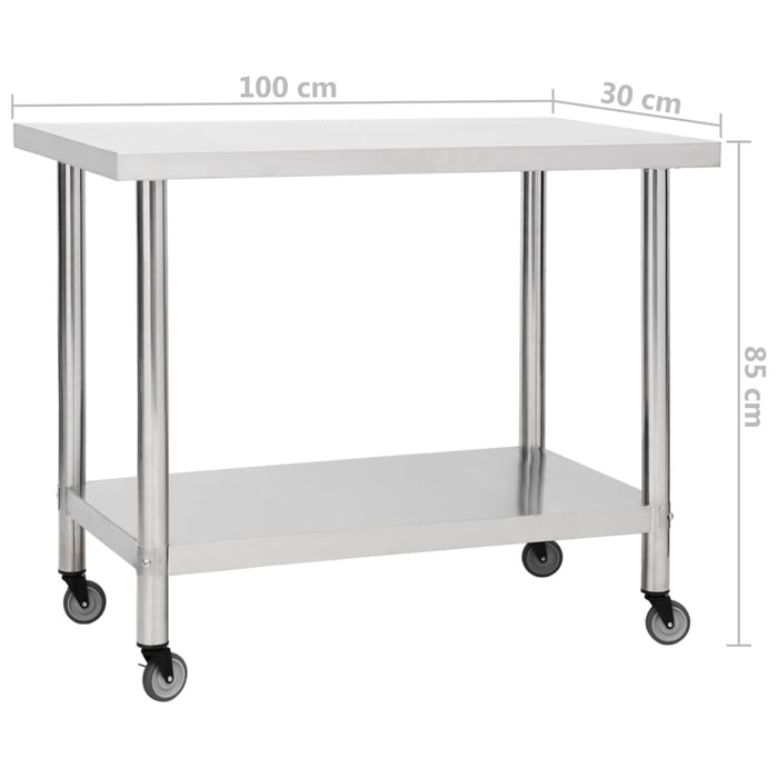 Kitchen Work Table with Wheels 100x30x85 cm Stainless Steel