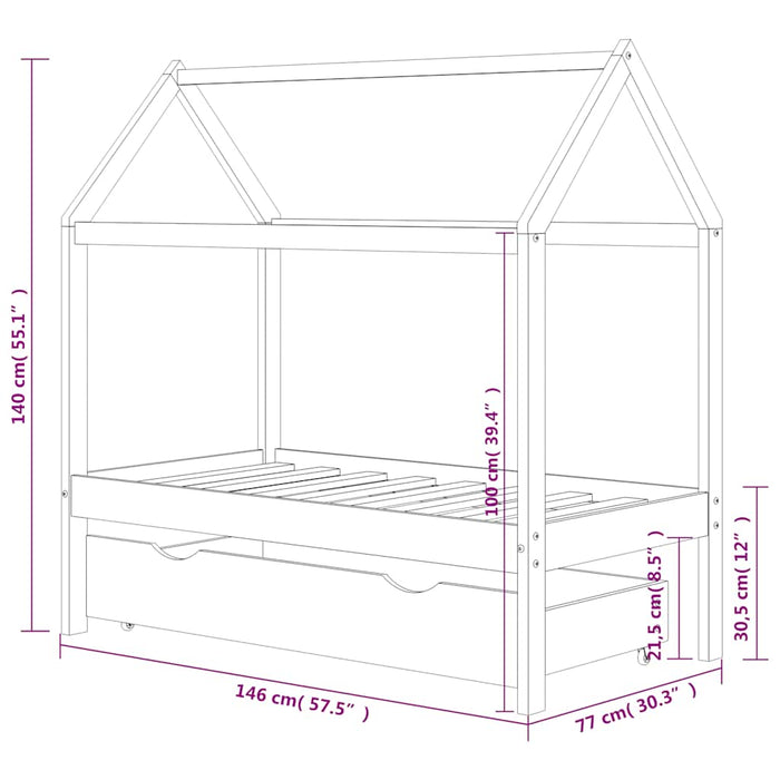 Kids Bed Frame with a Drawer Solid Pine Wood 70x140 cm