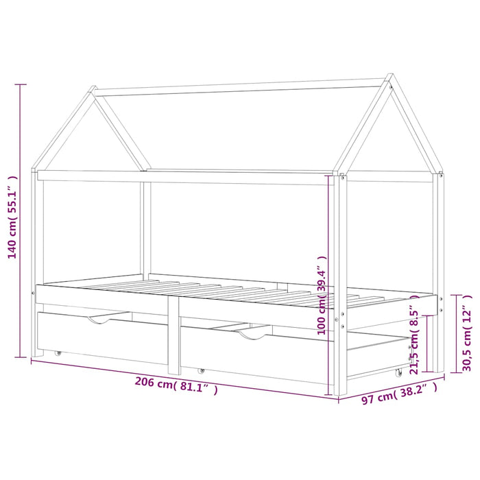 Kids Bed Frame with Drawers Solid Pine Wood 90x200 cm