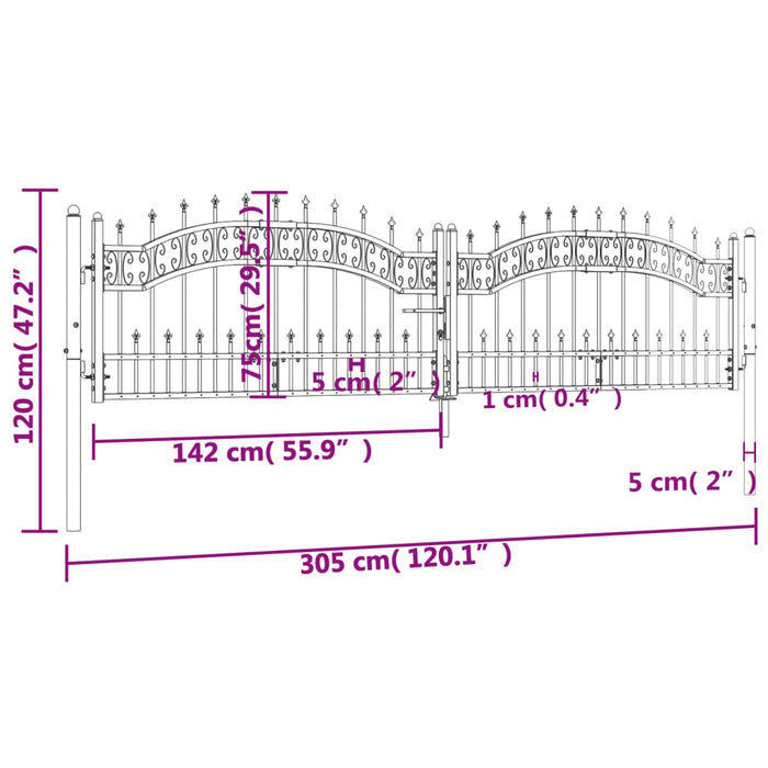 Fence Gate with Spear Top Black 305x120 cm Powder-coated Steel