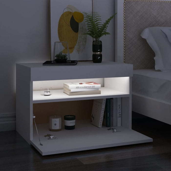 Bedside Cabinet & LED Lights White 60x35x40 cm Engineered Wood