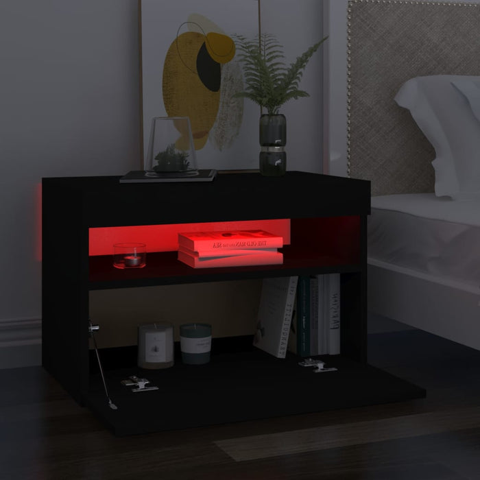 Bedside Cabinet & LED Lights Black 60x35x40 cm Engineered Wood