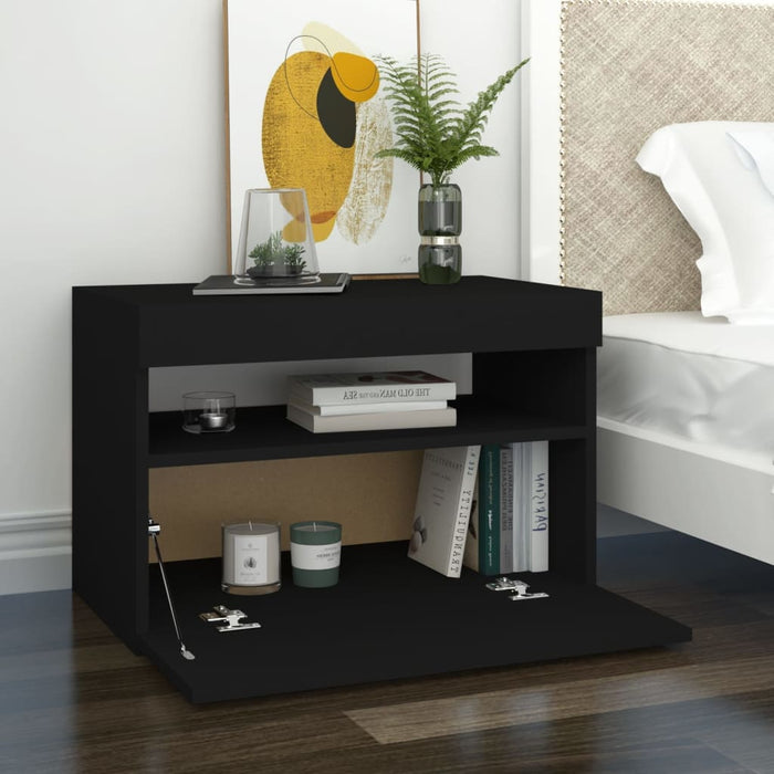 Bedside Cabinet & LED Lights Black 60x35x40 cm Engineered Wood