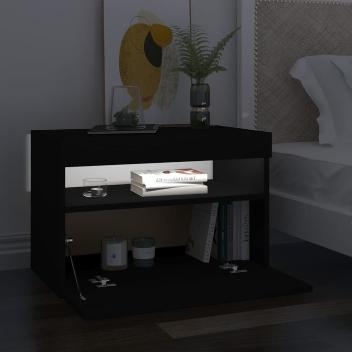 Bedside Cabinet & LED Lights 2 pcs Black 60x35x40 cm Engineered Wood