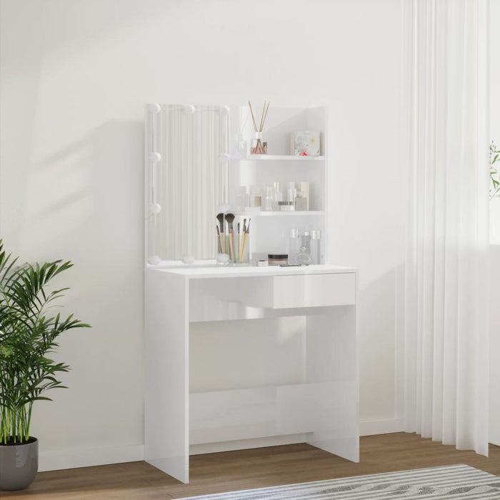 Dressing Table with LED High Gloss White 74.5x40x141 cm