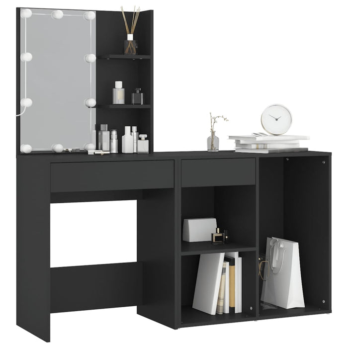 LED Dressing Table with Cabinet Black Engineered Wood