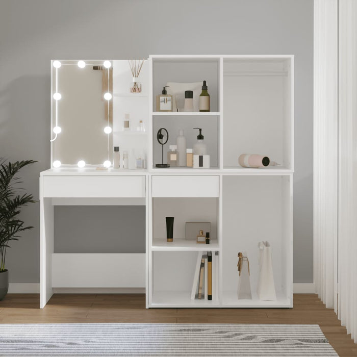 LED Dressing Table with 2 Cabinets White Engineered Wood