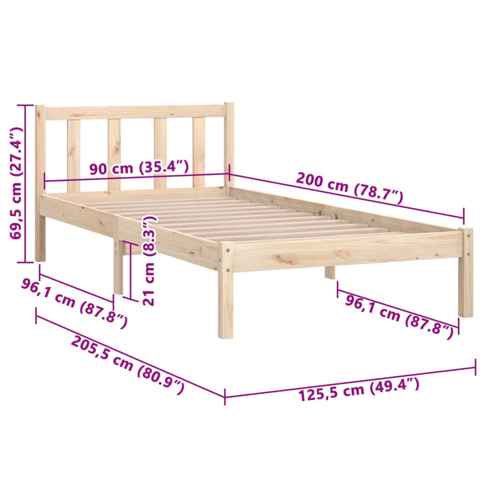 810067 vidaXL Bed Frame without Mattress Solid Wood 90x200 cm