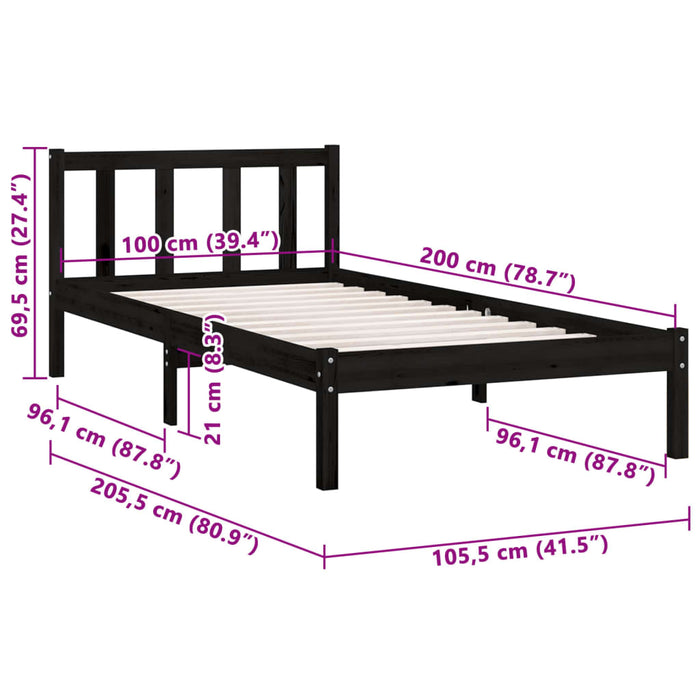 810076 vidaXL Cadru pat fără saltea Lemn masiv negru 100x200 cm