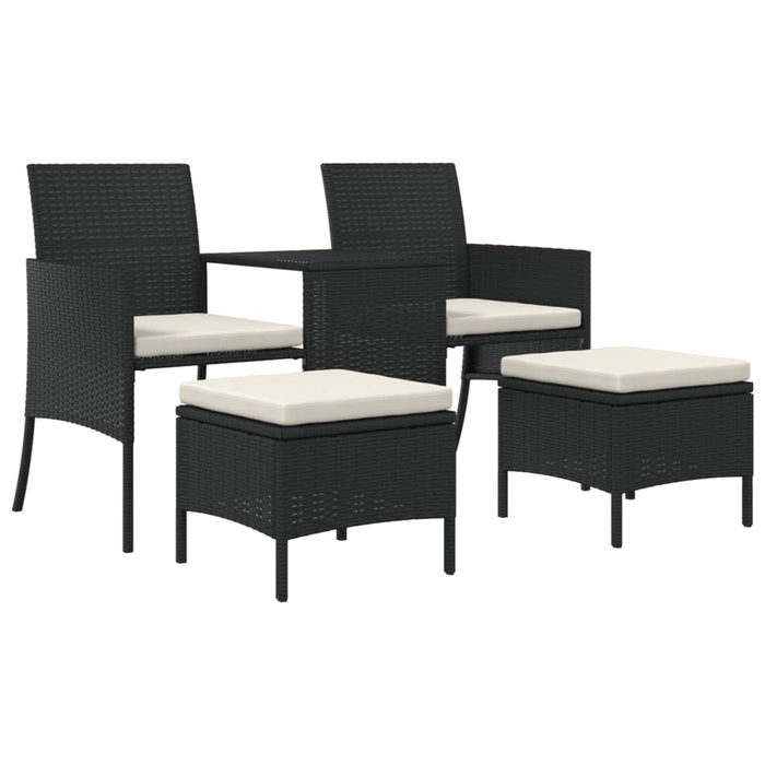 Garden Sofa 2-Seater with Table and Stools Black Poly Rattan