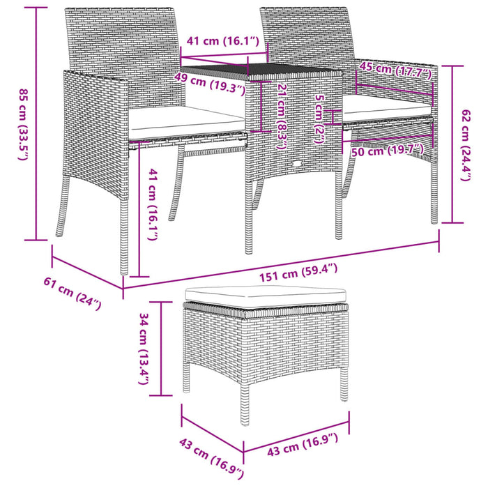 Garden Sofa 2-Seater with Table and Stools Black Poly Rattan