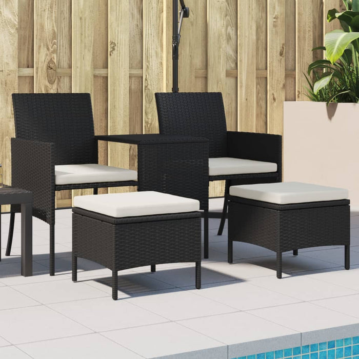 Garden Sofa 2-Seater with Table and Stools Black Poly Rattan