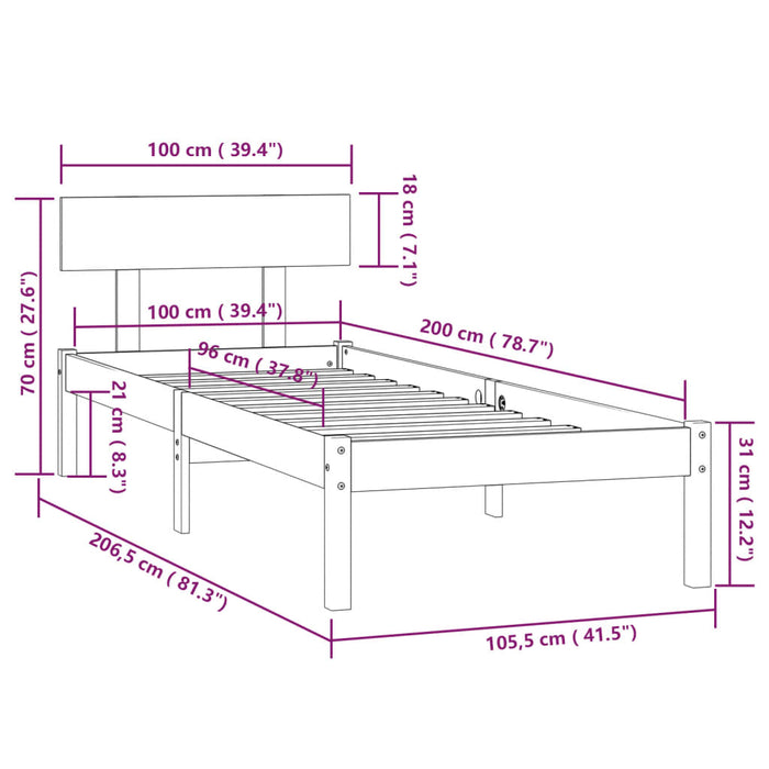 Bed Frame without Mattress Grey Solid Wood 100x200 cm