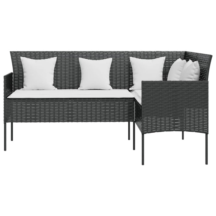 L-shaped Couch Sofa with Cushions Poly Rattan Black