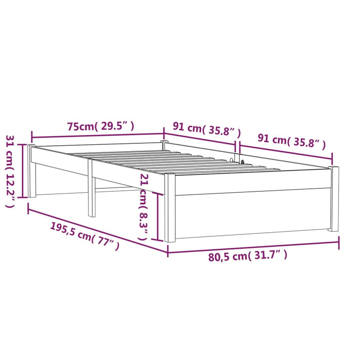 Bed Frame without Mattress Black Solid Wood 75x190 cm Small Single