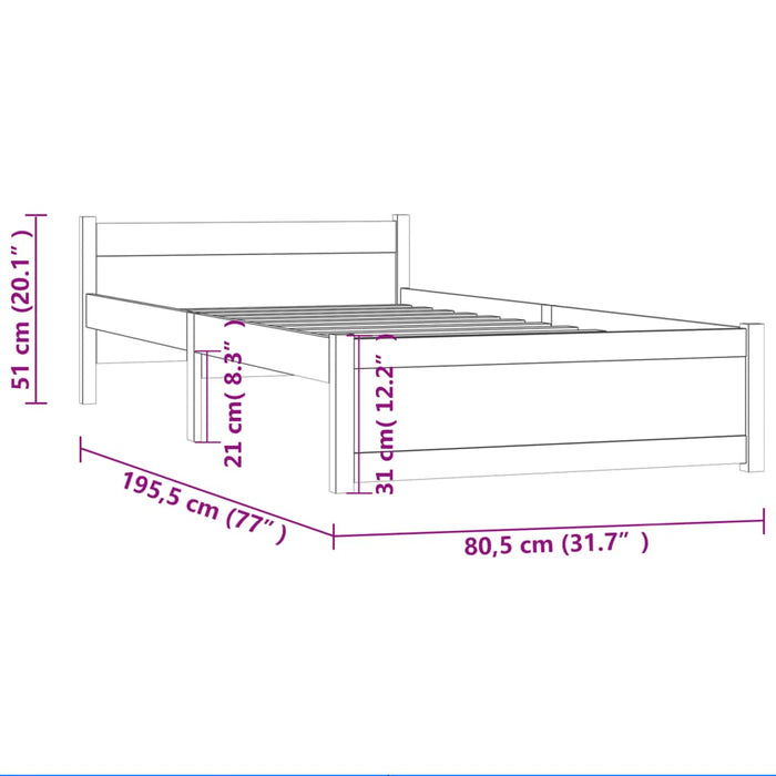 Bed Frame without Mattress Black Solid Wood 75x190 cm Small Single