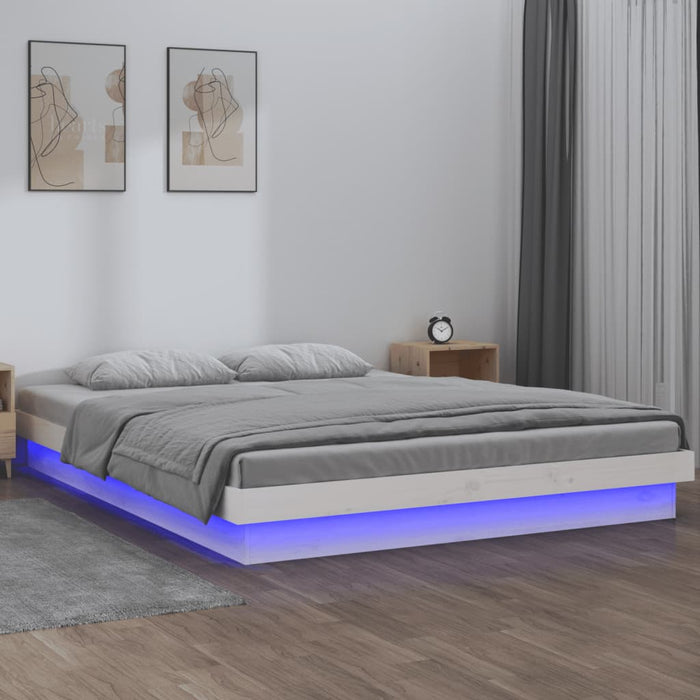 LED Bed Frame without Mattress White King Size Solid Wood