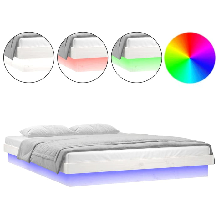 LED Bed Frame without Mattress White Double Solid Wood