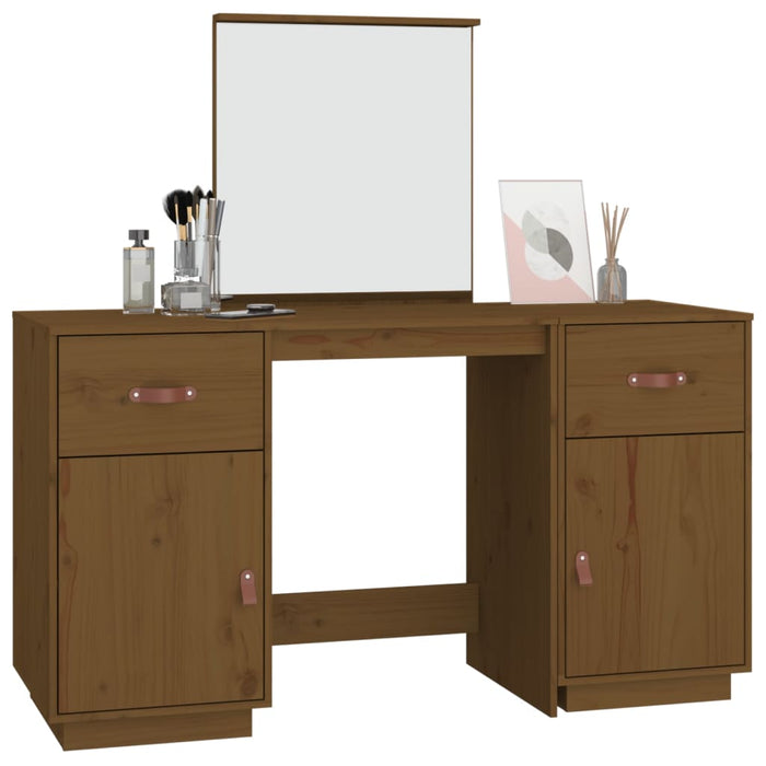 Dressing Table Set with a Mirror Honey Brown Solid Wood Pine