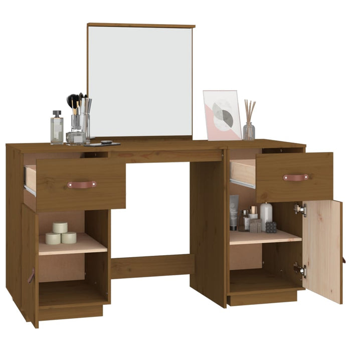 Dressing Table Set with a Mirror Honey Brown Solid Wood Pine