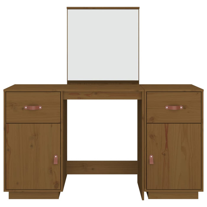 Dressing Table Set with a Mirror Honey Brown Solid Wood Pine