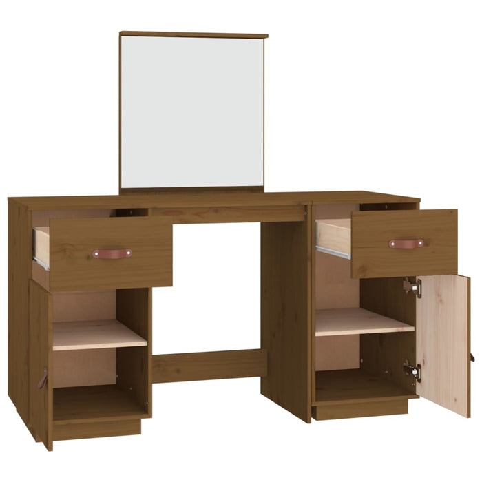 Dressing Table Set with a Mirror Honey Brown Solid Wood Pine