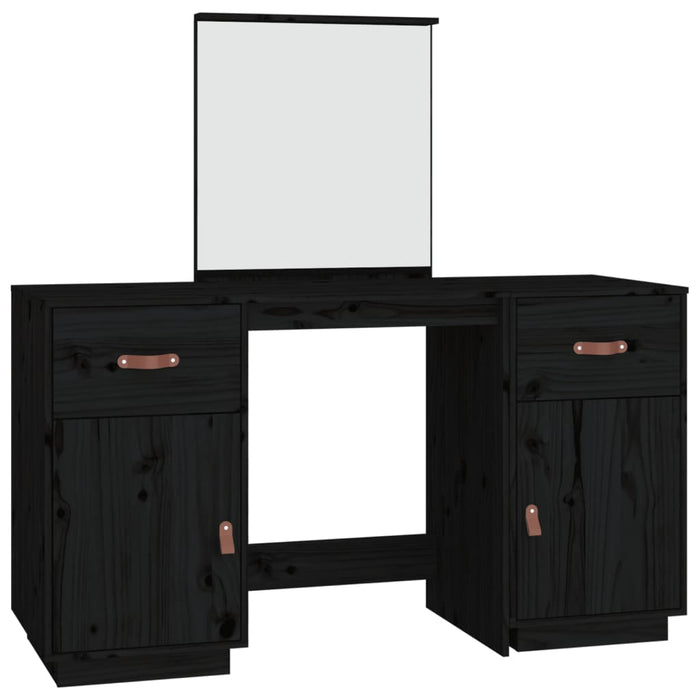 Dressing Table Set with a Mirror Black Solid Wood Pine