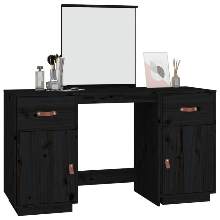 Dressing Table Set with a Mirror Black Solid Wood Pine