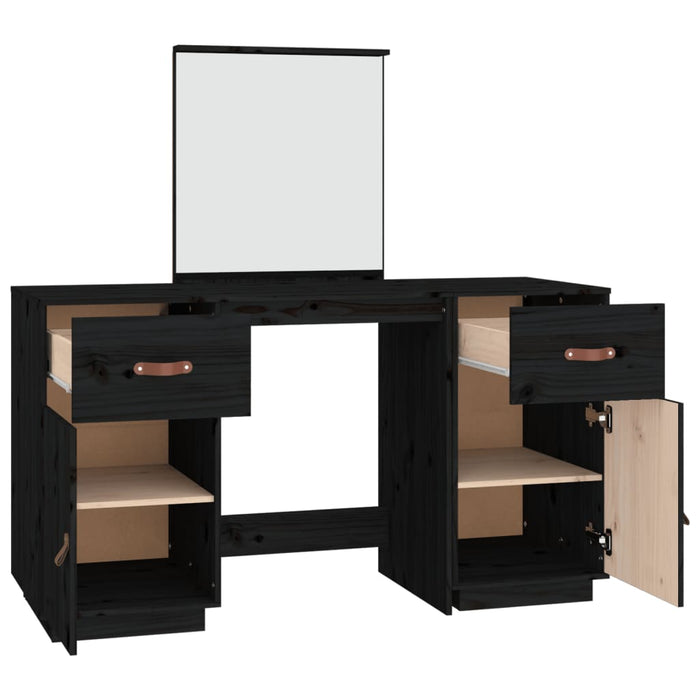 Dressing Table Set with a Mirror Black Solid Wood Pine