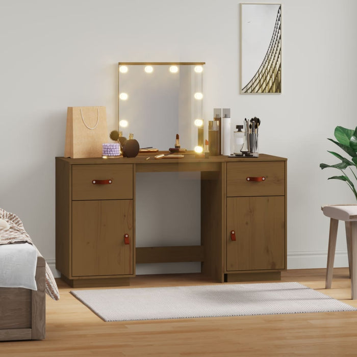 Dressing Table Set with LED Honey Brown Solid Wood Pine