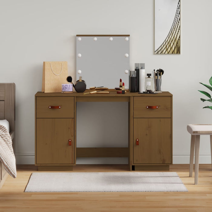 Dressing Table Set with LED Honey Brown Solid Wood Pine