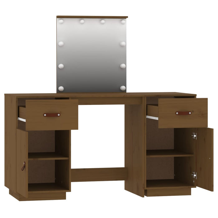 Dressing Table Set with LED Honey Brown Solid Wood Pine